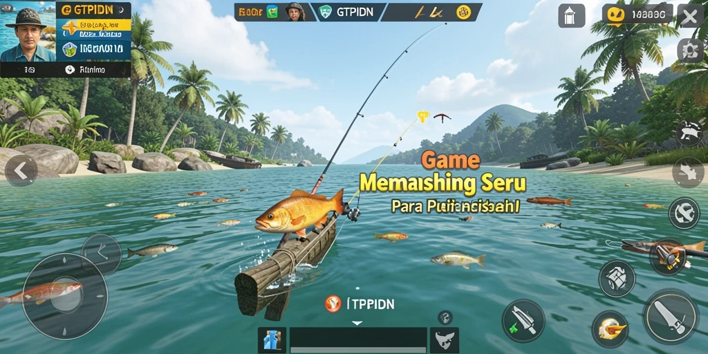 Screenshot gameplay GTPIDN dengan aksi memancing di lokasi indah.