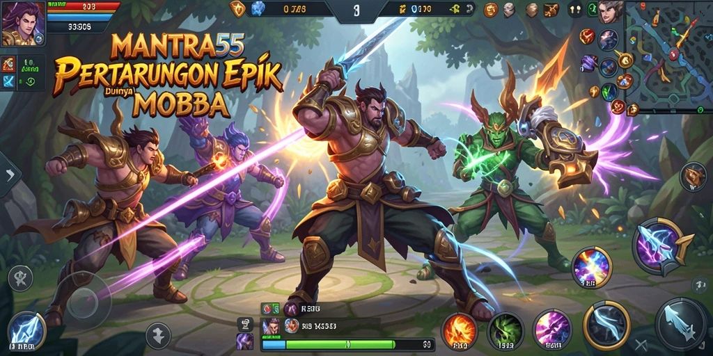 Screenshot epic pertarungan dalam MANTRA55 di arena MOBA.