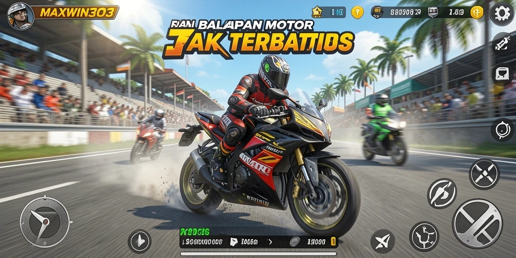 Screenshot utama MAXWIN303 menampilkan aksi balapan motor yang mendebarkan.