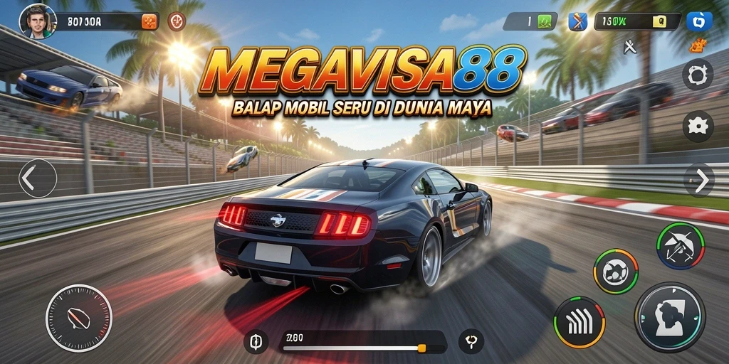 Tampilan gameplay MEGAVISA88 dengan mobil balap yang melaju kencang di trek.