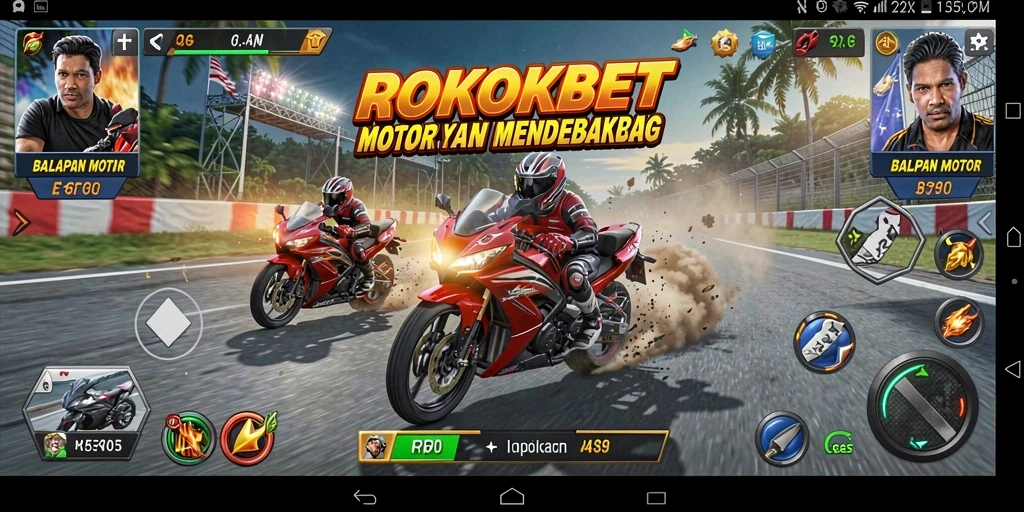 Tampilan gameplay balapan motor yang mendebarkan di ROKOKBET.