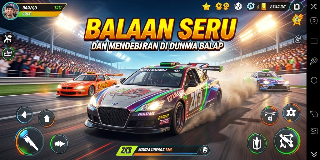 Screenshot ZK3 menampilkan balapan intens dengan mobil kencang di trek.